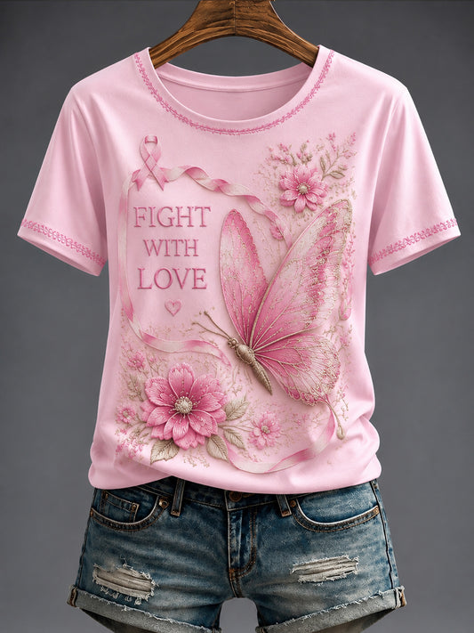 Damen-T-Shirt mit Brustkrebs- und rosa Blumenmuster