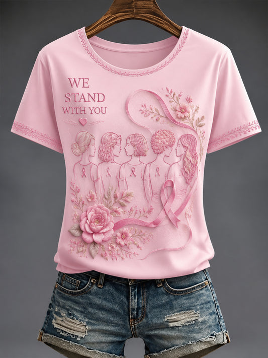 Frauen Brustkrebs Rosa Blumen Bedrucktes T-Shirt