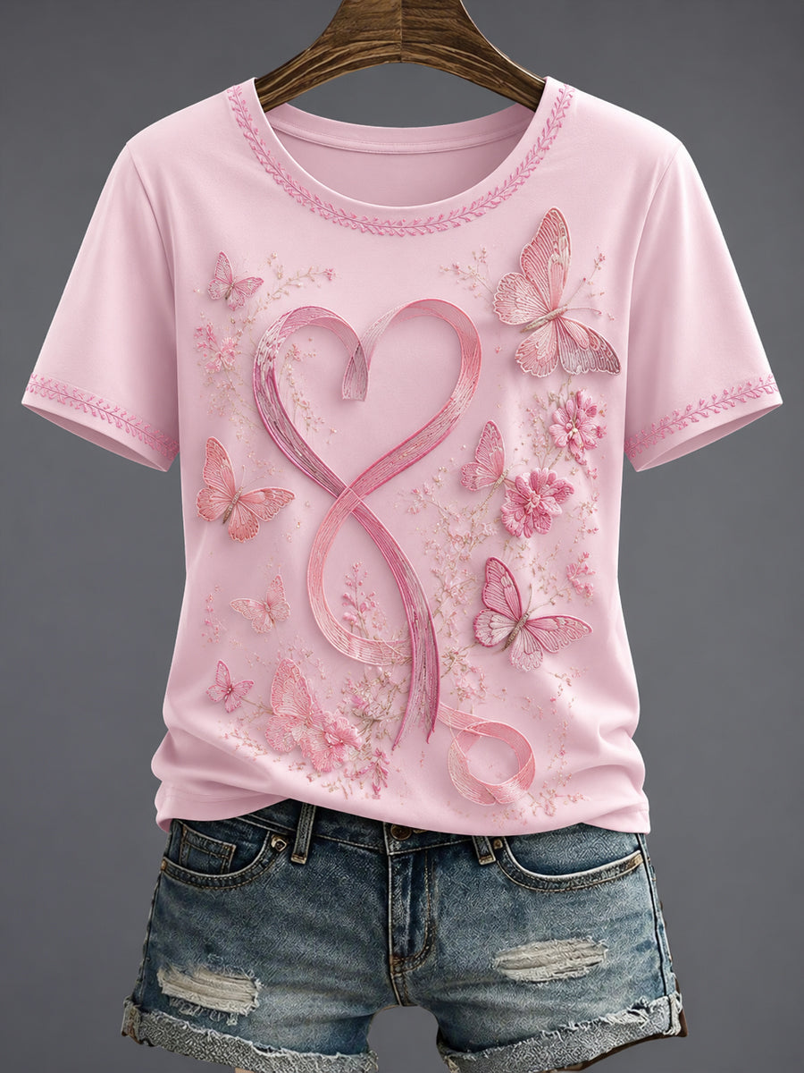 Damen-T-Shirt mit Brustkrebs- und rosa Blumenmuster