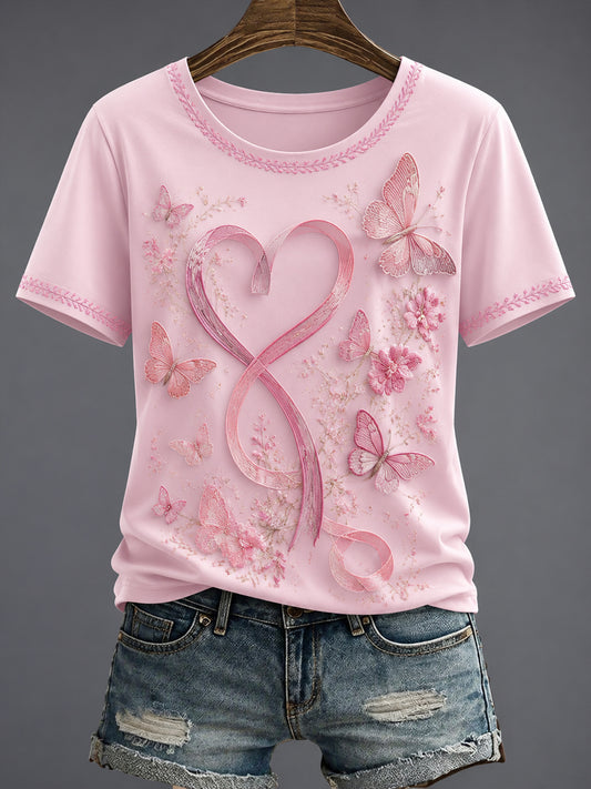 Damen-T-Shirt mit Brustkrebs- und rosa Blumenmuster