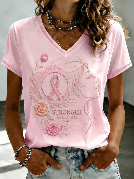 Damen-T-Shirt mit Brustkrebs-Prävention, rosa Blumenprint und V-Ausschnitt
