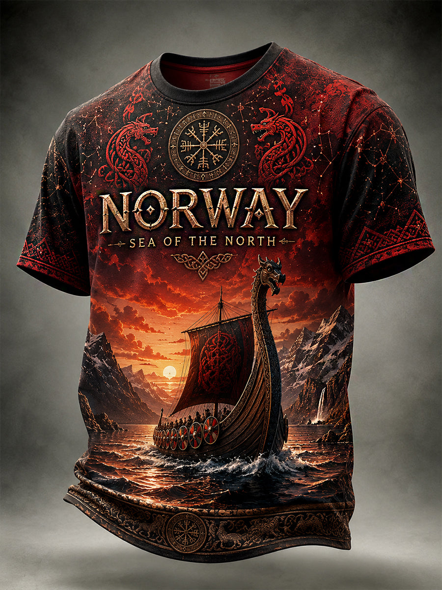 Kasualer T-Shirt-Druck im Vintage-Stil mit norwegischem Wikinger-, skandinavischem und nordischem Motiv