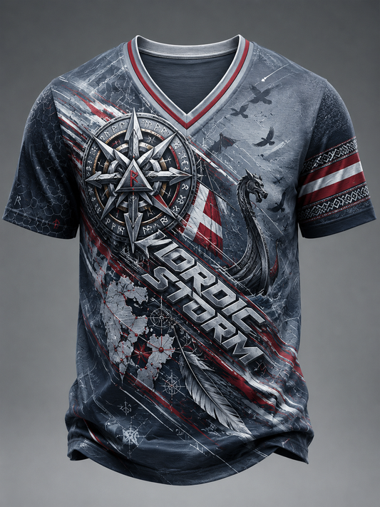 Herren-Vikingert-Shirt mit V-Ausschnitt, dänisches Design