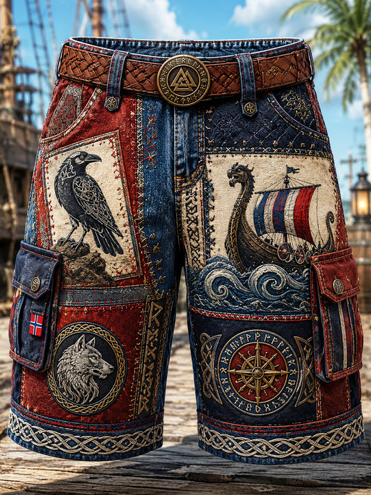 Casual-Shorts mit nordischem Wikinger‑Kunstdruck im Vintage‑Stil