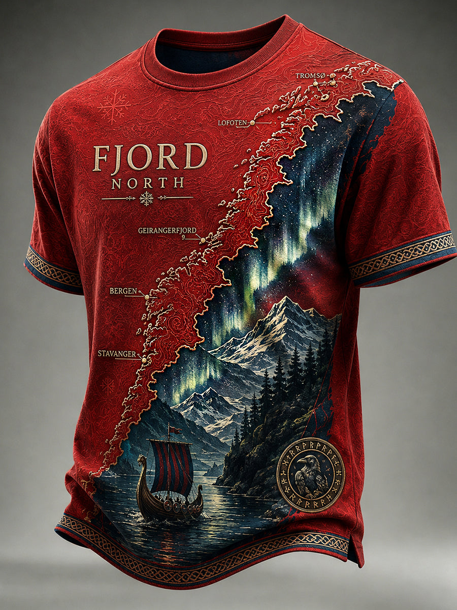 Kasualer T-Shirt-Druck im Vintage-Stil mit norwegischem Wikinger-, skandinavischem und nordischem Motiv