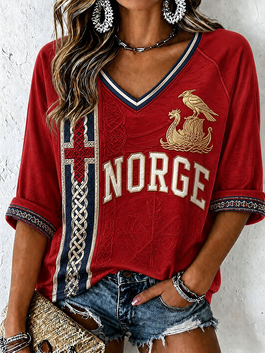 Kasualer Top mit nordischem Wikinger‑Kunstdruck im Vintage‑Stil