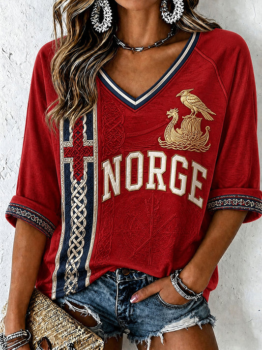 Kasualer Top mit nordischem Wikinger‑Kunstdruck im Vintage‑Stil
