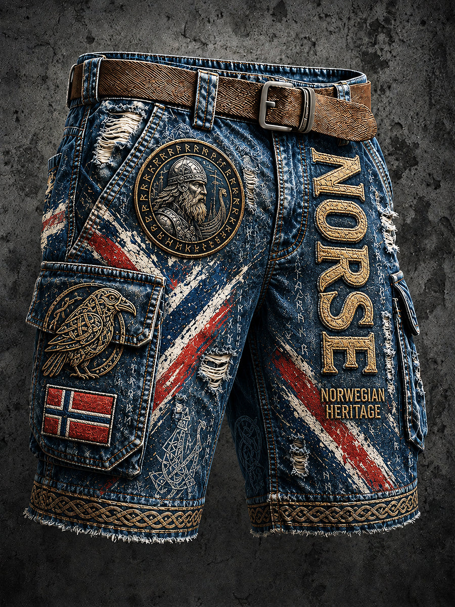 Casual-Shorts mit nordischem Wikinger‑Kunstdruck im Vintage‑Stil