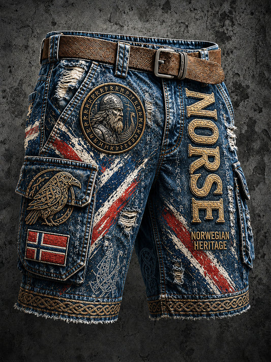 Casual-Shorts mit nordischem Wikinger‑Kunstdruck im Vintage‑Stil