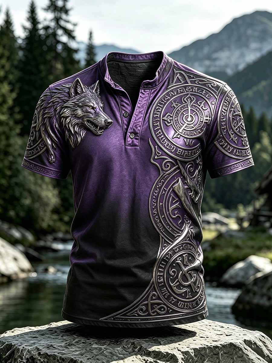 Herren-Vintage-T-Shirt im Wikinger-Stil mit keltischem Knoten und Wolfsmotiv, lässiger Schnitt