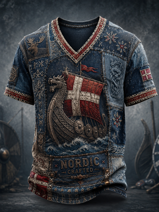 Herren-Vikingert-Shirt mit V-Ausschnitt, dänisches Design