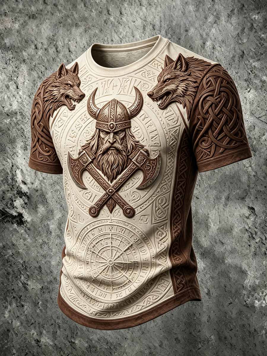 Herren-Retro-Vikingerkrieger-Print-Lässiges T-Shirt