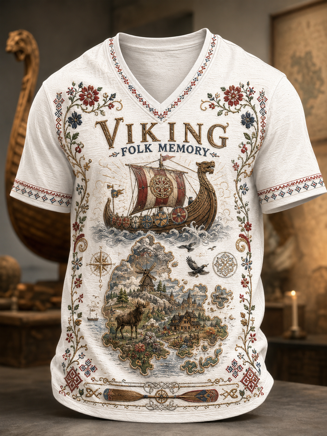 Herren-Vikingert-Shirt mit V-Ausschnitt, dänisches Design
