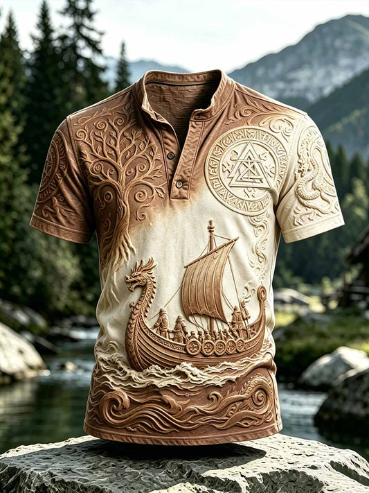Herren-Lässiges T-Shirt im Vintage-Stil mit Drachen­schiff-Motiv der Wikinger