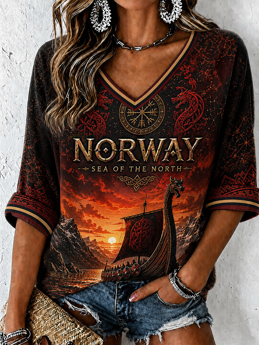 Retro norwegischer Wikinger skandinavische Volkskunstdruck lässiges Top
