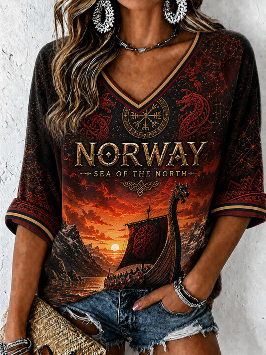 Retro norwegischer Wikinger skandinavische Volkskunstdruck lässiges Top