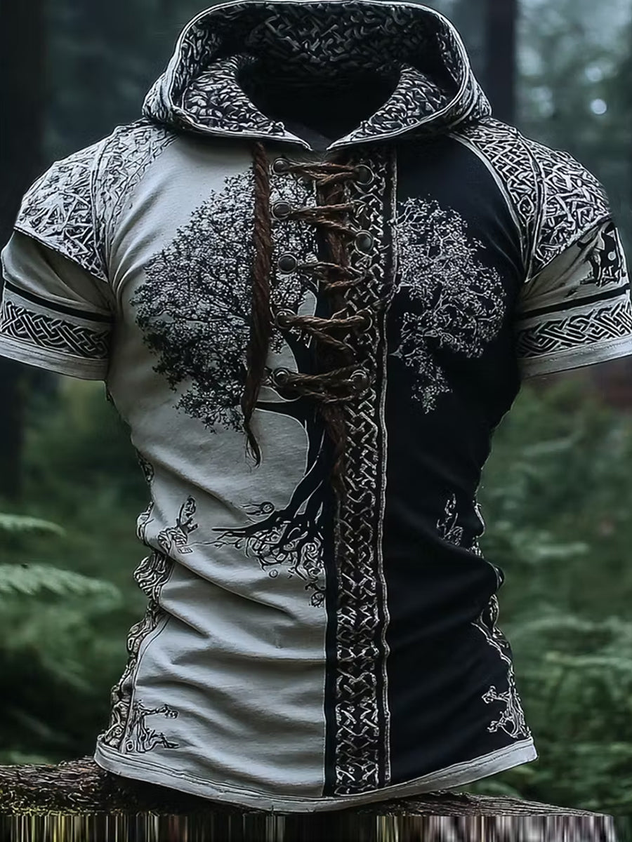 Vintage-Nordischer Folk-Art-Druck im Wikinger-Stil – Lässige Kapuzenjacke