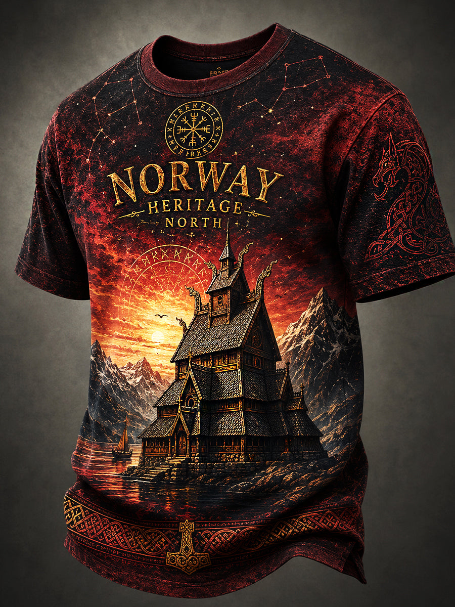 Lässiges T-Shirt mit vintage nordischem Wikinger- und skandinavischem Volkskunst-Print