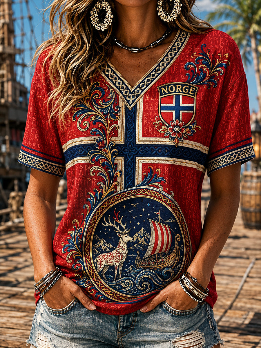 Retro norwegischer Wikinger skandinavische Volkskunstdruck lässiges Top
