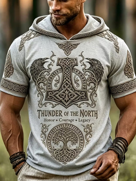 Vintage-Nordischer Folk-Art-Druck im Wikinger-Stil – Lässige Kapuzenjacke