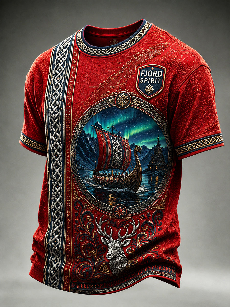 Lässiges T-Shirt mit vintage nordischem Wikinger- und skandinavischem Volkskunst-Print