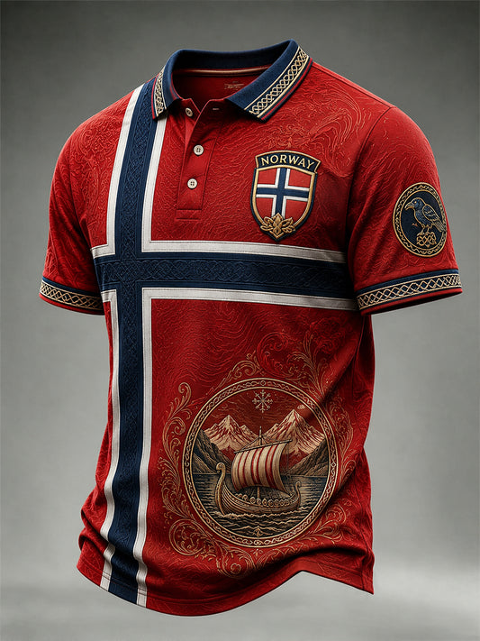 Legeres Poloshirt mit vintage nordischem Wikinger-/skandinavischem Volkskunst-Print