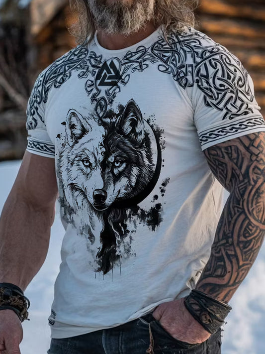 Lässiges T-Shirt mit vintage nordischer Ethno-Kunst‑Vikinger‑Print