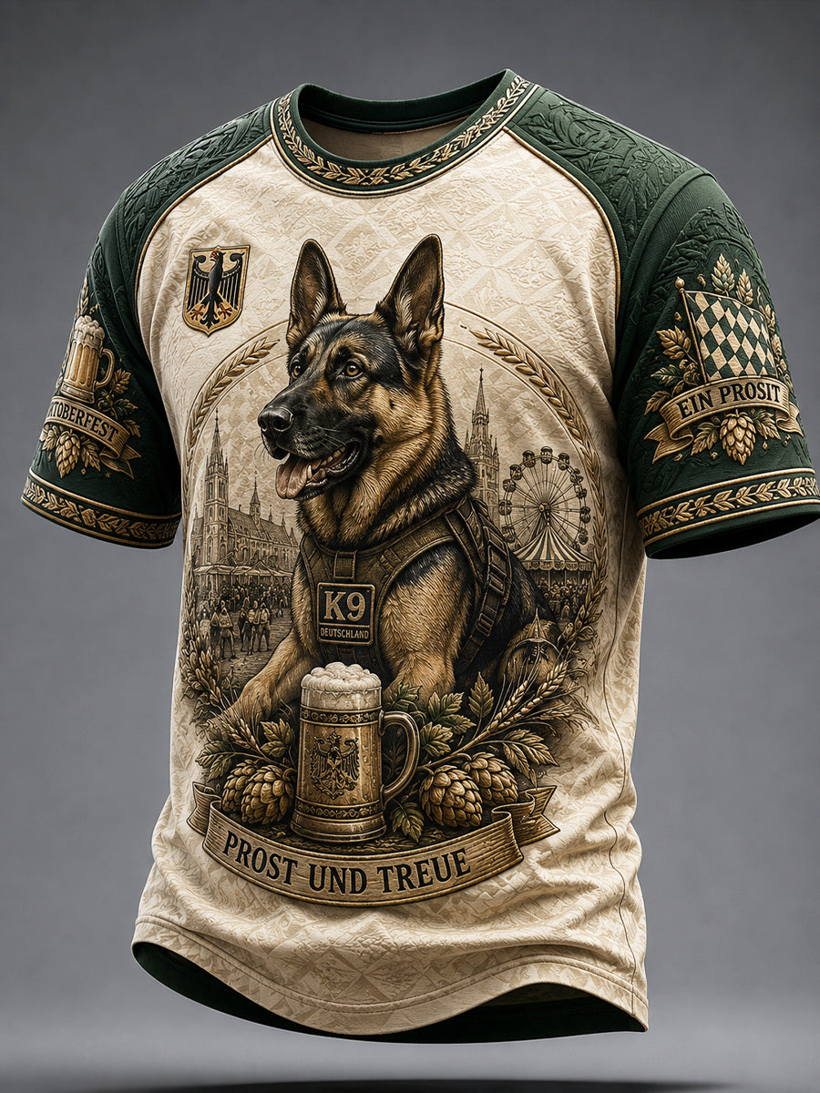 Vintage-Beispiel eines deutschen Polizeihund-Bier-Patchwork-Casual-T-Shirts