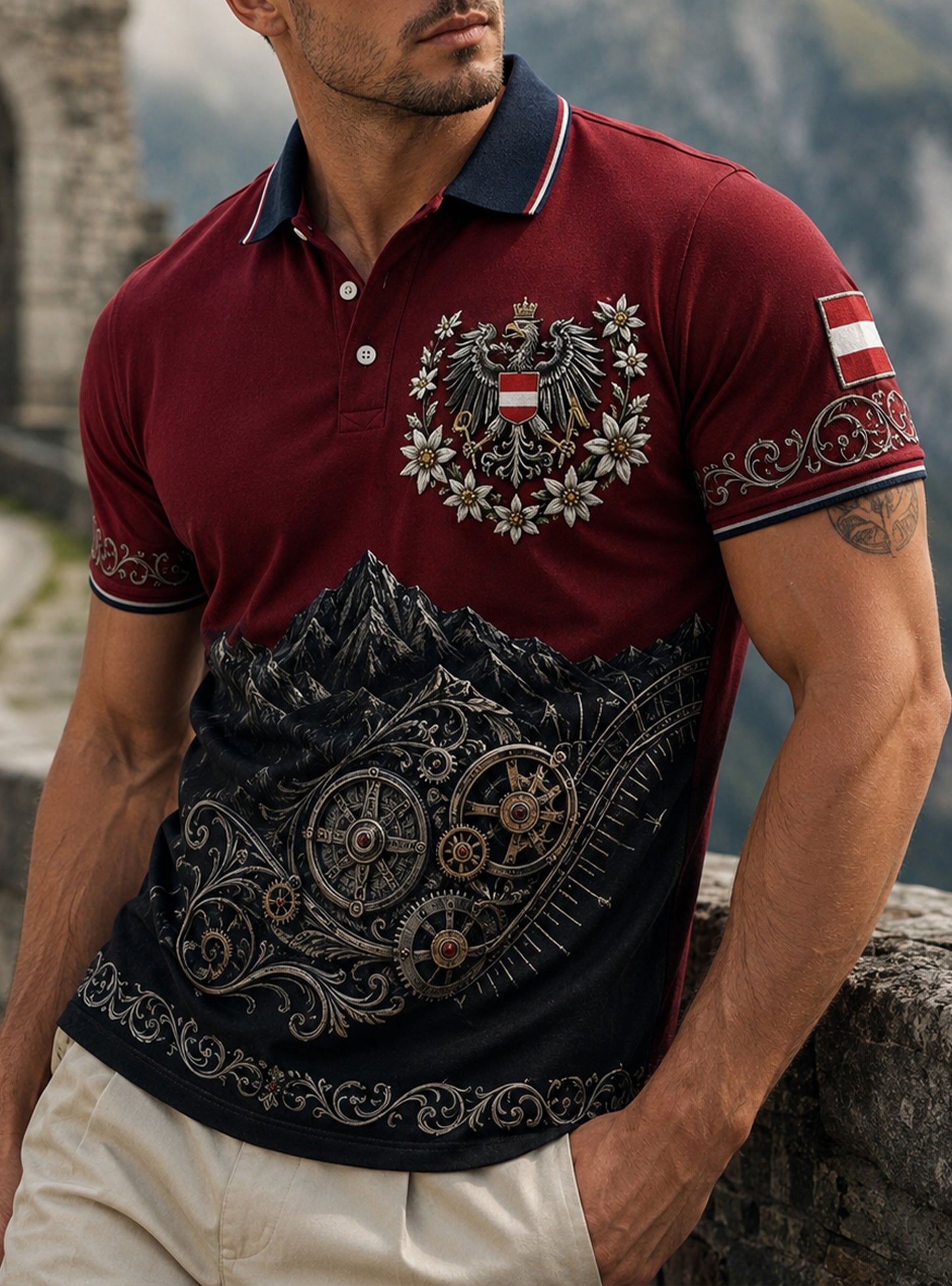 Herren-Poloshirt mit Kunstdruck des österreichischen Präzisionsinstrument-Elements