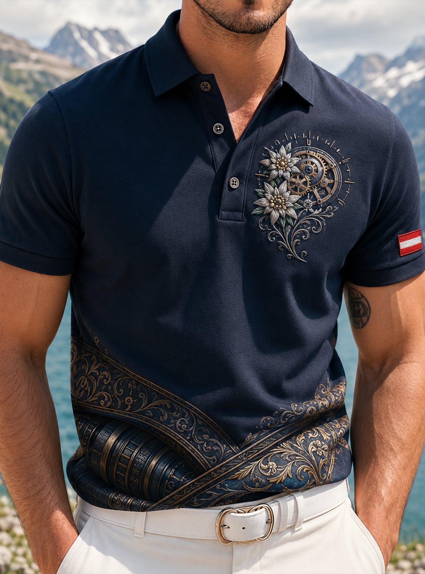 Herren-Poloshirt mit Kunstdruck des österreichischen Präzisionsinstrument-Elements