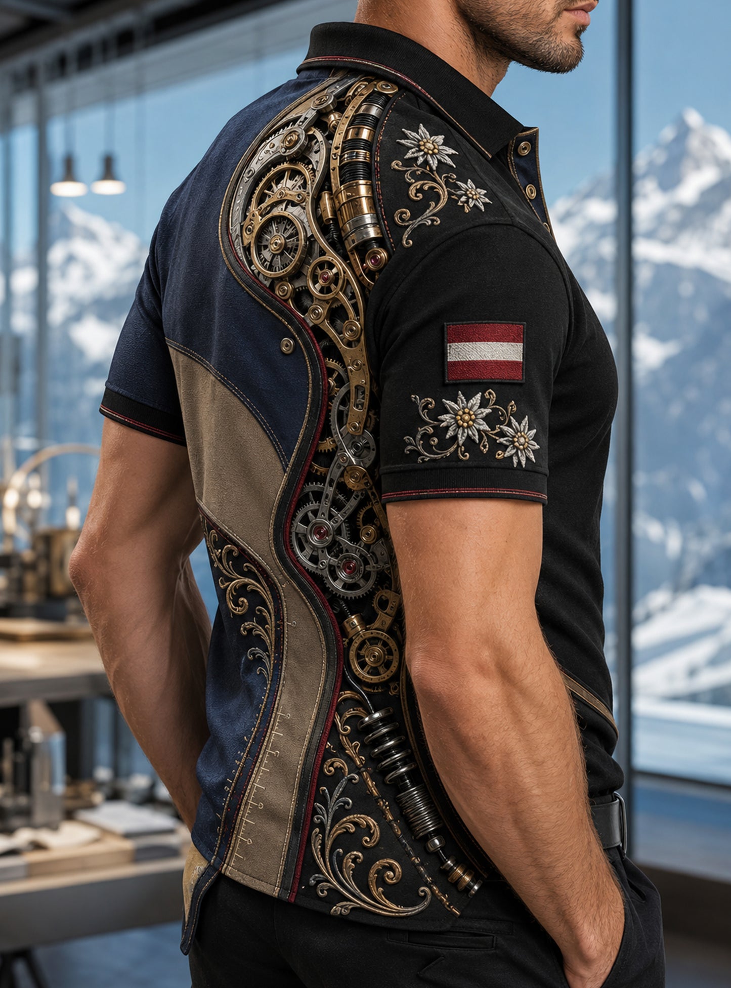 Herren-Poloshirt mit Kunstdruck des österreichischen Präzisionsinstrument-Elements