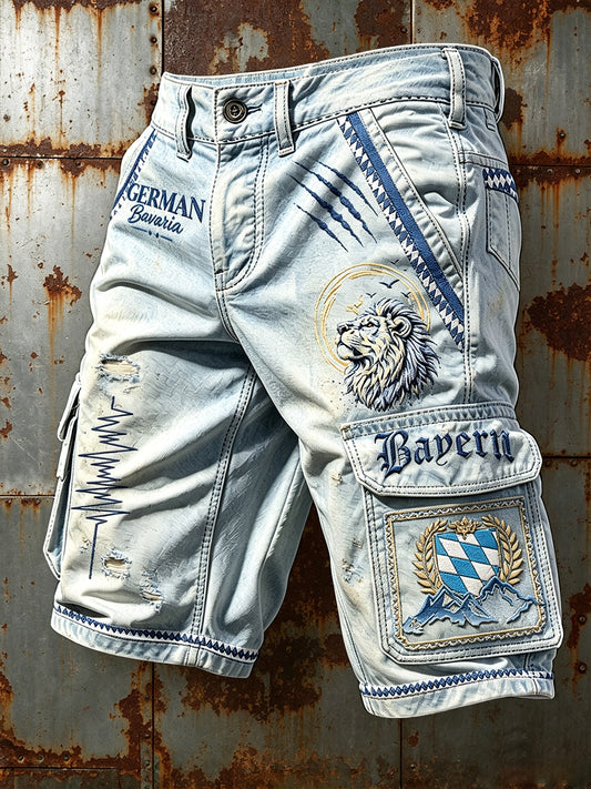 Herren-Shorts im Jeansstil mit bayerischem Löwenmuster, lässig und für die Arbeit geeignet