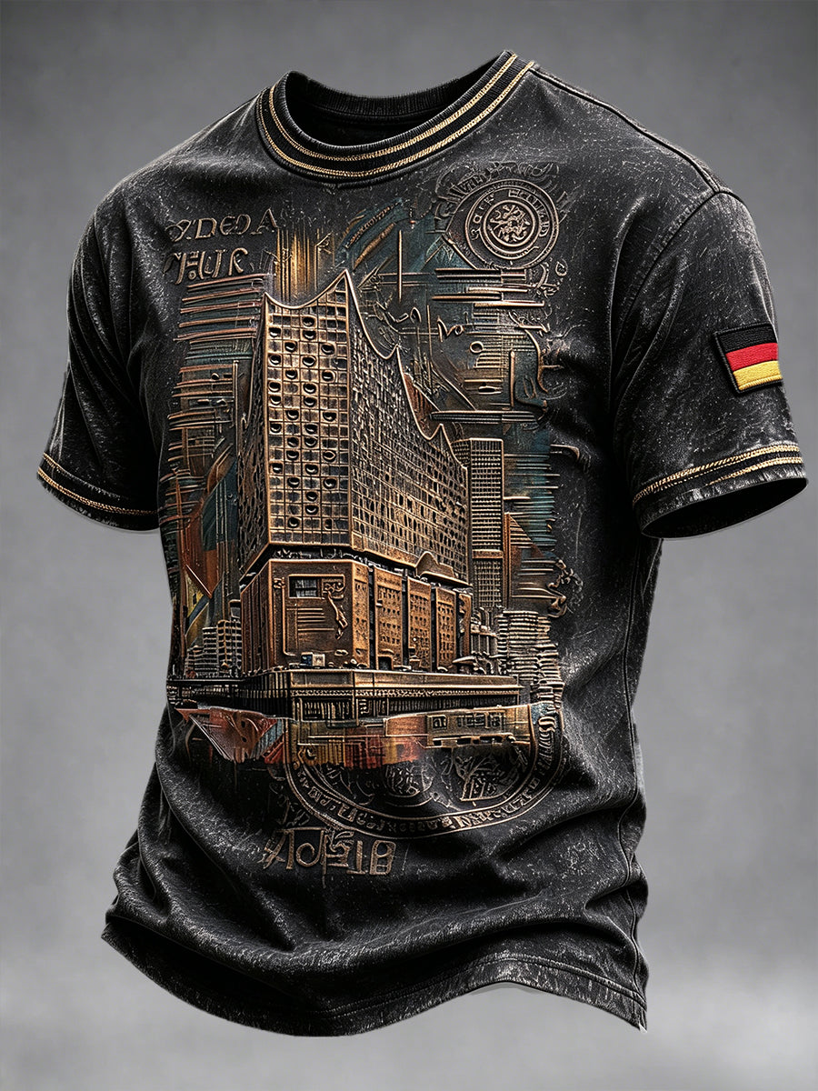 Herren-T-Shirt in Schwarz mit Retro-Print der Hamburger Architektur, lässiger Stil