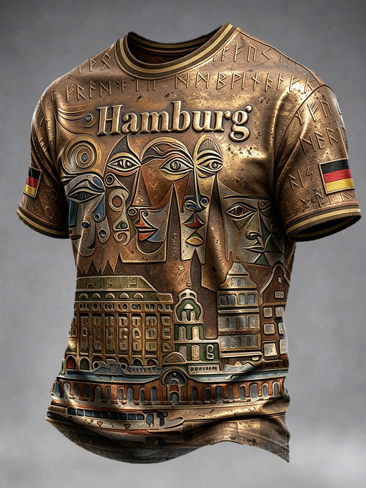 Herren-T-Shirt in Vintage-Optik mit deutschem Hamburger Motiv, lässig geschnitten