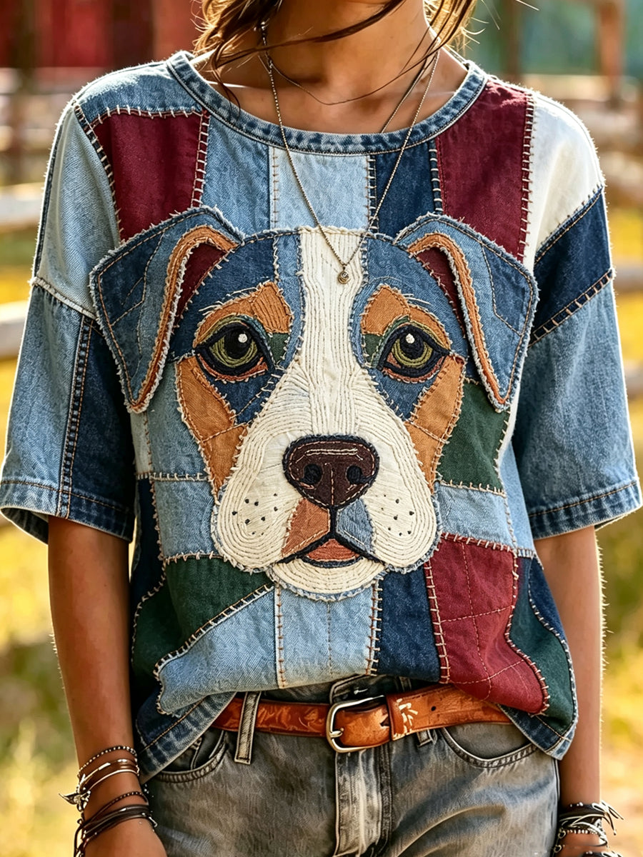 Damen Spleißtier Hund gedruckt Vintage Mode Lose Kurzarm T-Shirt