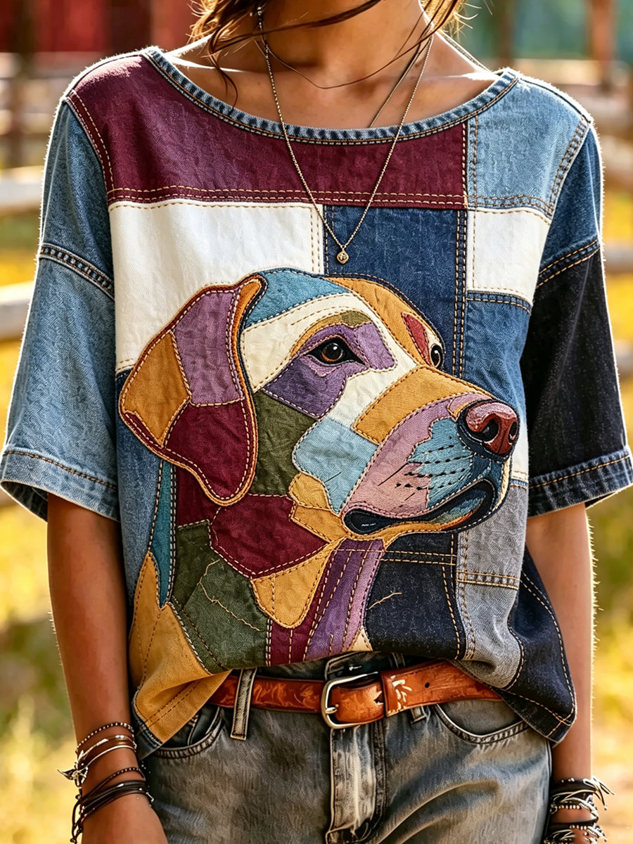 Damen-Mode-T-Shirt im Vintage-Stil mit Tier‑ und Hundemuster, locker geschnitten, kurze Ärmel