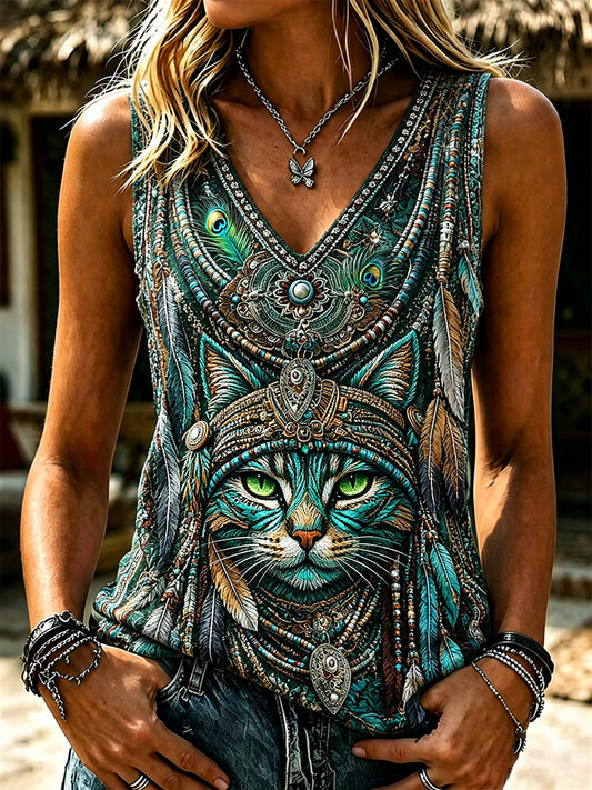 Frauen Vintage Western Cat Ethnische Federn Kunstdruck V-Ausschnitt Tanktop