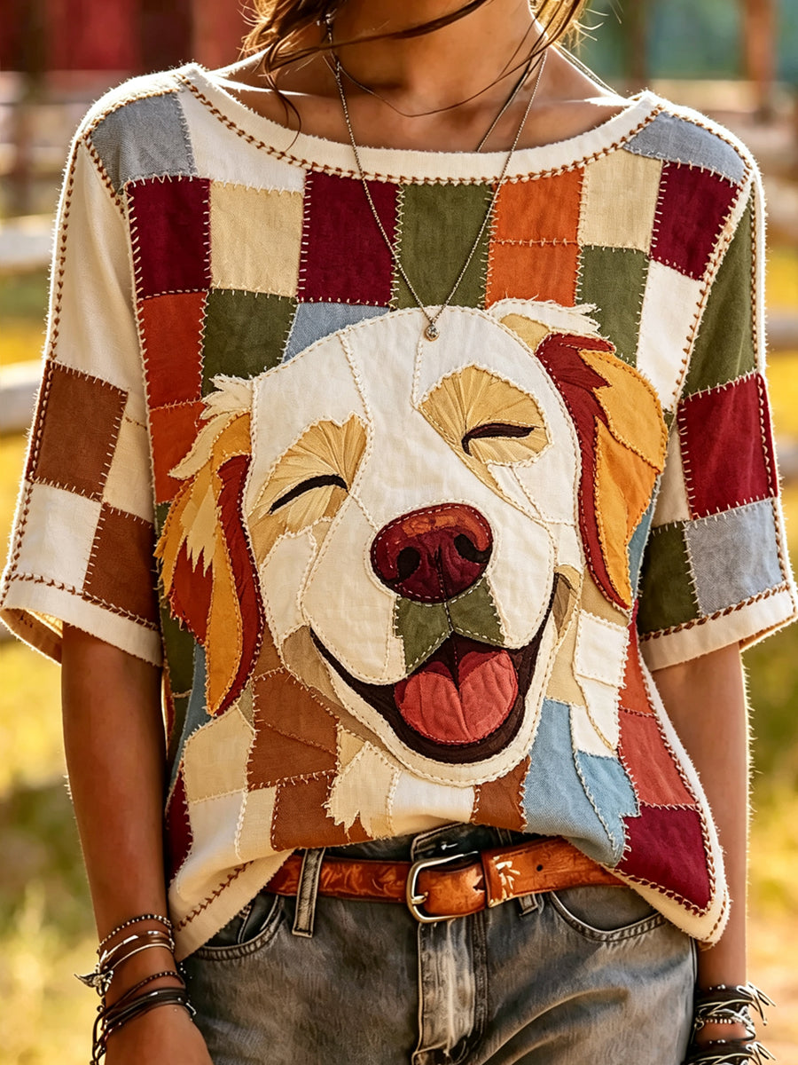 Damen-Mode-T-Shirt im Vintage-Stil mit Tier‑ und Hundemuster, locker geschnitten, kurze Ärmel