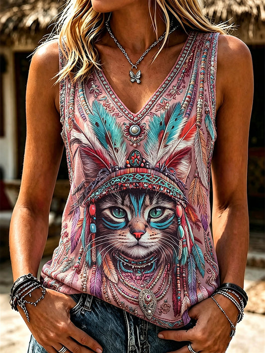 Damen-Vintage-Western-Top mit Katzen- und Ethno-Feather-Art-Print, V-Ausschnitt, Tanktop