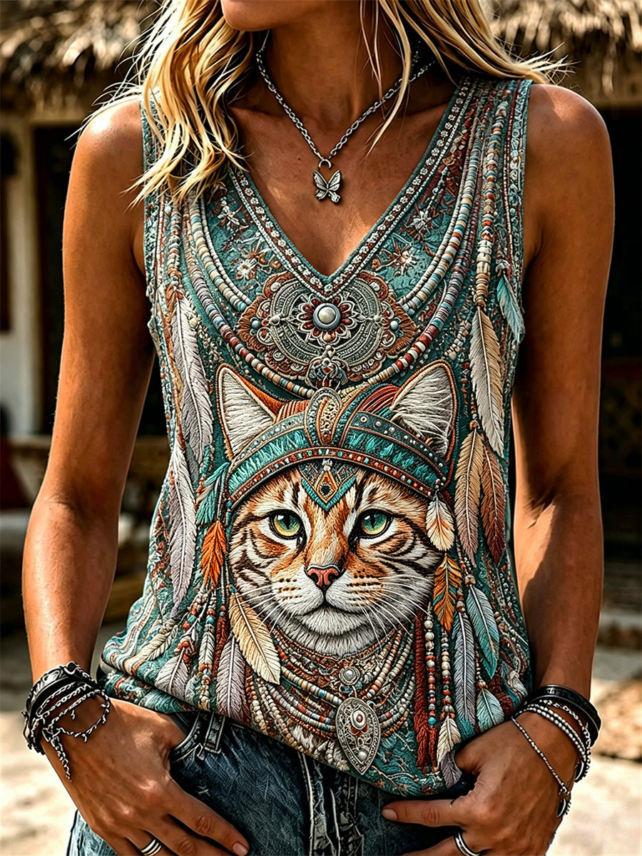 Damen-Vintage-Western-Top mit Katzen- und Ethno-Feather-Art-Print, V-Ausschnitt, Tanktop