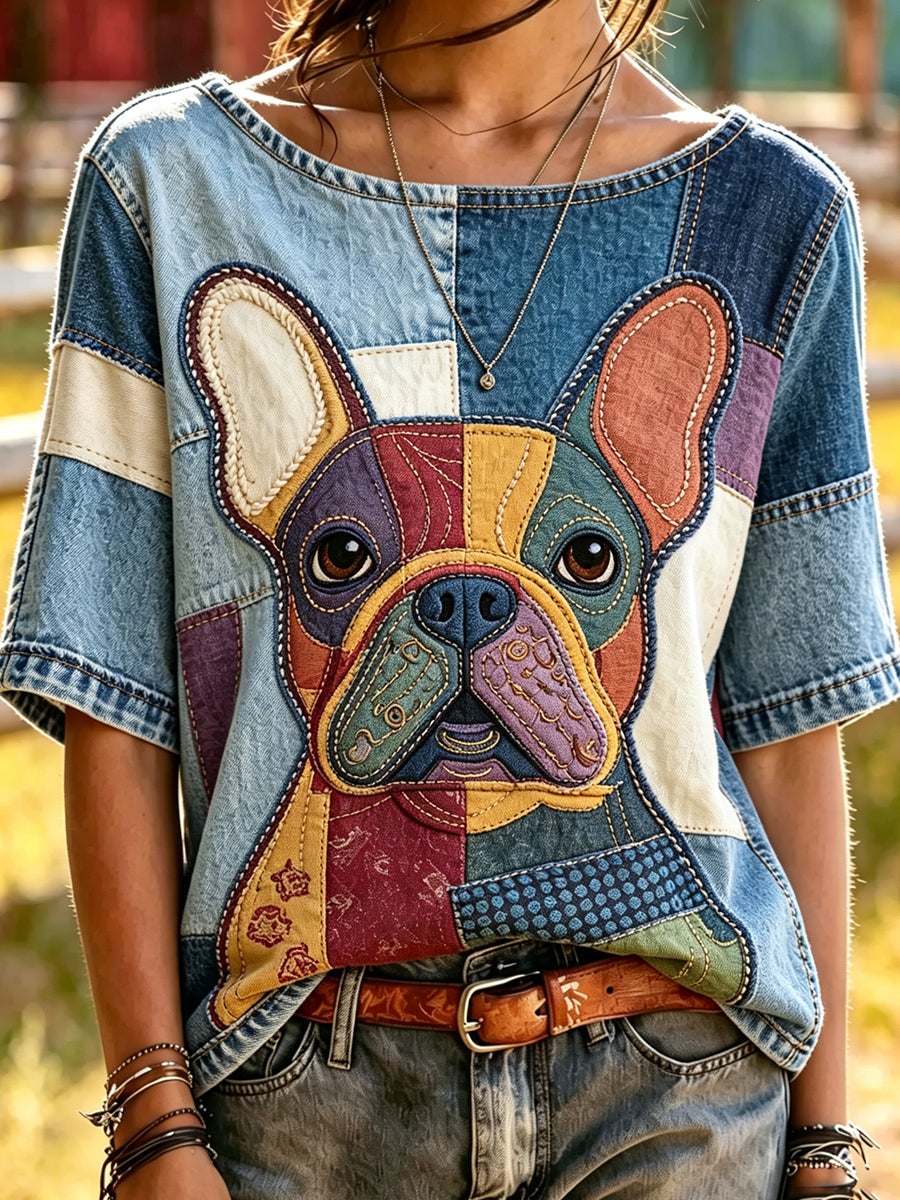 Damen-Mode-T-Shirt im Vintage-Stil mit Tier‑ und Hundemuster, locker geschnitten, kurze Ärmel