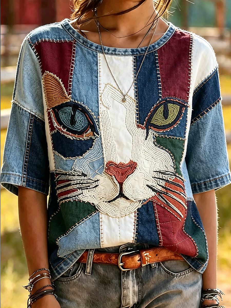 Damen Spleißtier Katze gedruckt Vintage Mode Lose Kurzarm T-Shirt