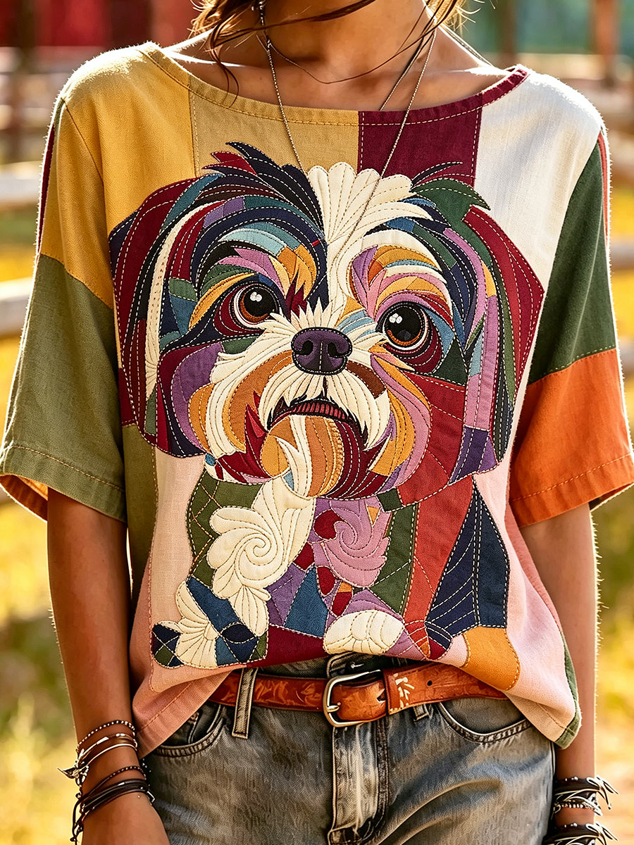 Damen-Mode-T-Shirt im Vintage-Stil mit Tier‑ und Hundemuster, locker geschnitten, kurze Ärmel