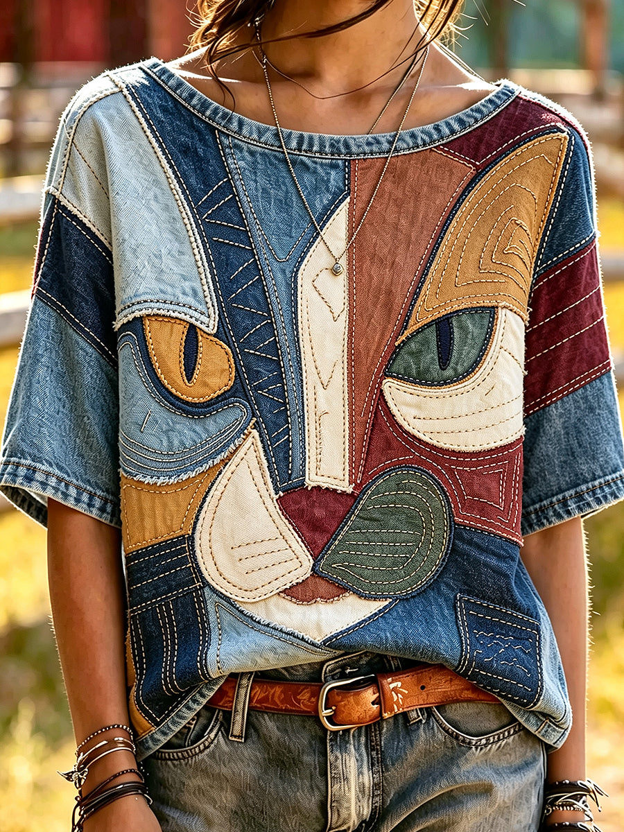 Damen-Mode im Vintage-Stil mit Tierkatzen-Print, lockeres Kurzarm-T-Shirt