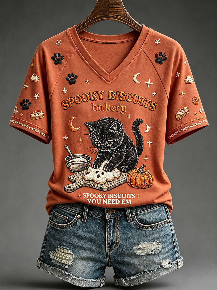 Frauen Herbst schwarze Katze V-Ausschnitt T-Shirts