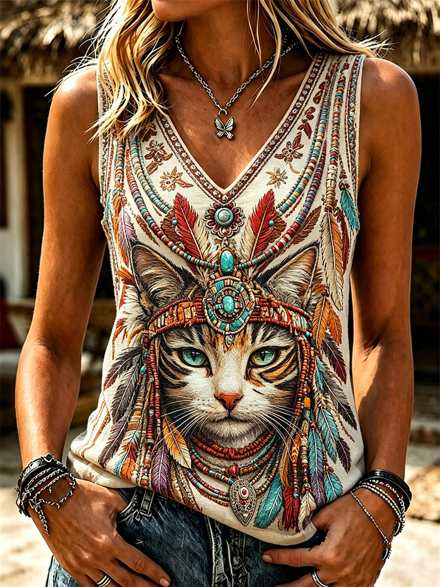 Damen-Vintage-Western-Top mit Katzen- und Ethno-Feather-Art-Print, V-Ausschnitt, Tanktop