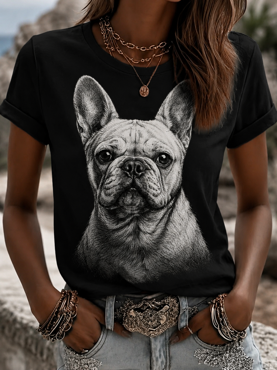 Kurzärmliges T-Shirt für Damen französische Bulldogge