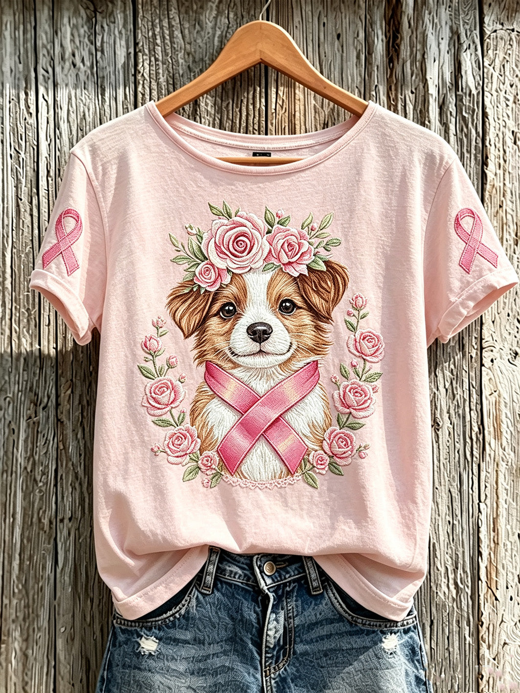 Frauen-T-Shirt mit niedlichem Hunde-Print und kurzen Ärmeln, lässig, Brustkrebsbewusstsein