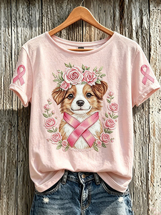 Frauen-T-Shirt mit niedlichem Hunde-Print und kurzen Ärmeln, lässig, Brustkrebsbewusstsein