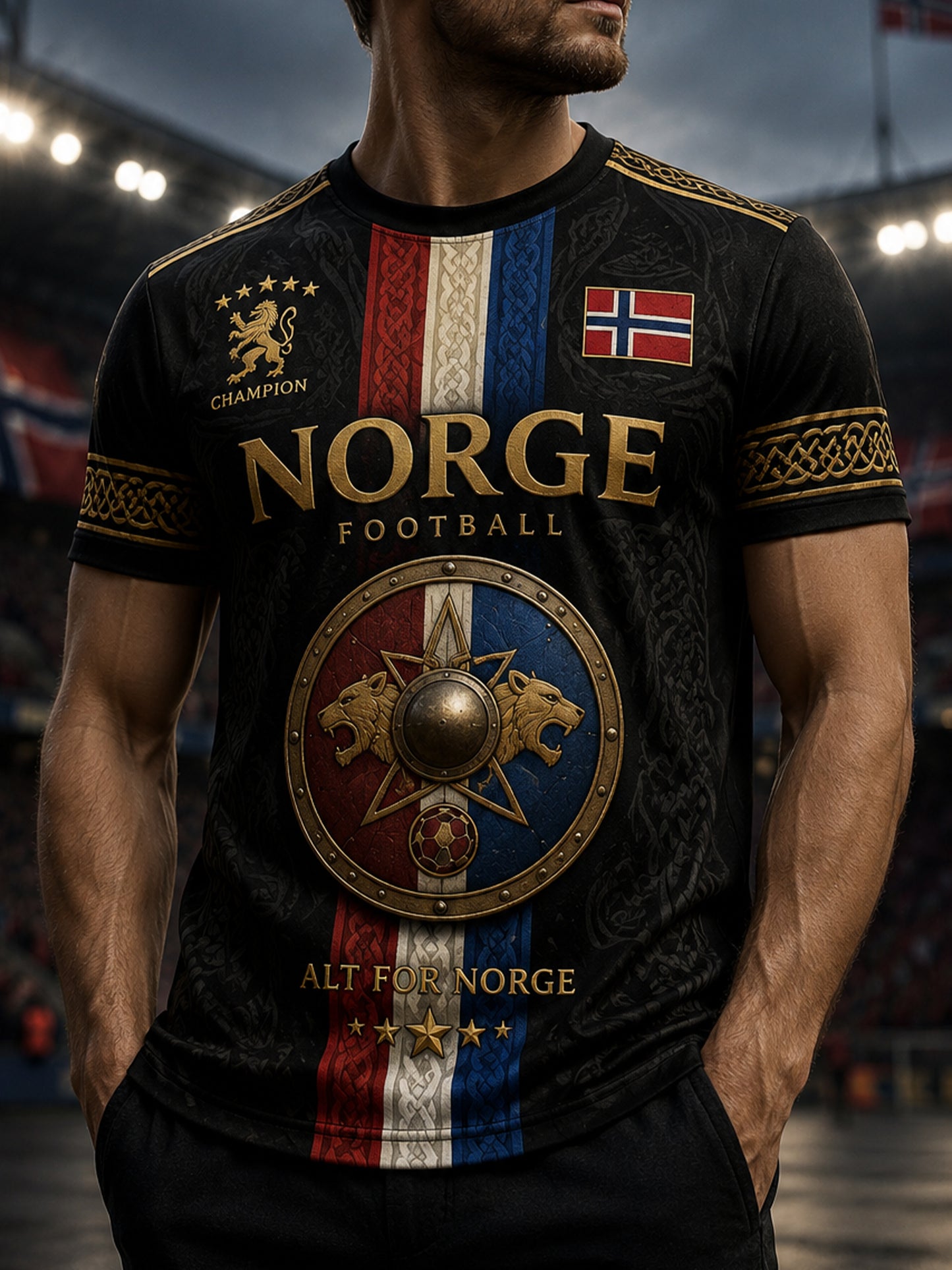 Herren-T-Shirt mit norwegischem Wikinger-Motiv im patriotisch-kulturellen Stil und Kunstdruck